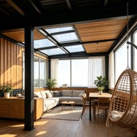 Véranda préfabriquée moderne avec portes coulissantes en verre, porche couvert, terrasse en bois, style conteneur modulaire pour villa, patio, jardin