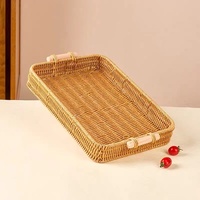 Panier rectangulaire en rotin PP avec poignées, plateau à pain, plateau à café, plateau de petit-déjeuner, plateau de service pour restaurant, décoration de la maison, rangement de cuisine