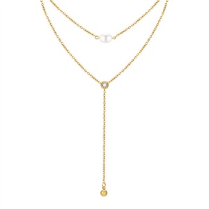 Collier Lariat Géométrique Tendance en Acier Inoxydable, Double Couche, Trois Breloques, Pendentif Perle Solide - Product Image 6