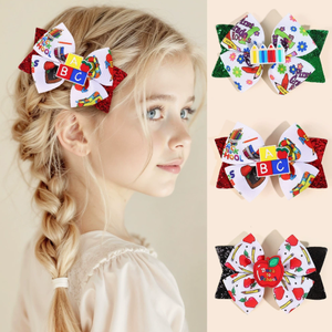 Fiocchi per capelli <span class=keywords><strong>in</strong></span> nastro grosgrain all'ingrosso, fermagli per capelli con stampa a matita e glitter per bambini, accessori per il ritorno a scuola - Product Image 1