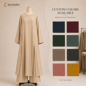Set Abaya Minimalista in Misto Lino OEM, Vestiti Lunghi <span class=keywords><strong>con</strong></span> <span class=keywords><strong>Maniche</strong></span> <span class=keywords><strong>Lunghe</strong></span> e Pantaloni a Gamba Larga per Donne - Product Image 4