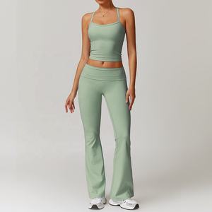 Ensemble de yoga pour femmes en tissu recyclé écologique, solide et respirant, soutien-gorge de sport à séchage rapide, pantalon évasé taille haute pour soulever les fesses, ensemble de 2 pièces - Product Image 6