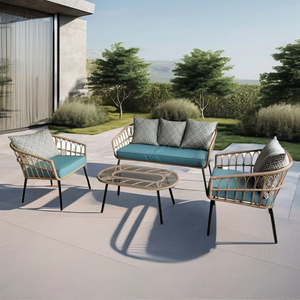 Patio extérieur jardin moderne 4 pièces en acier PE osier Conversation canapé ensemble avec coussin Table basse Simple jardin rotin meubles - Product Image 4
