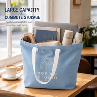 Sac fourre-tout en toile de coton bleu ciel avec logo personnalisé, MOQ flexible, pour femmes, pour le shopping quotidien et les trajets, impression graphique, sangles blanches