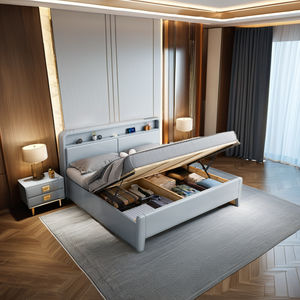 Lit simple moderne en bois avec rangement, grand lit double avec panneau en bois massif pour meubles de chambre d'hôtel et d'appartement - Product Image 4