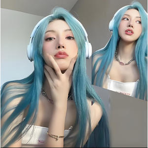 วิกผมยาวตรงสีฟ้าพร้อมผมหน้าม้าปัดข้าง ไรผมธรรมชาติ ลูกไม้โปร่งใส ใยคาเนคาลอน วิกผมเต็มศีรษะสำหรับผู้หญิง - Product Image 2