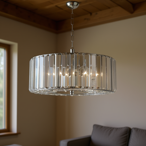 Modern 17 Inch <b>Chrome</b> Crystal <b>Pendant</b> Chandelier E26 Base Adjustable Hanging <b>Light</b> Fixture For Living Room Drum Shape - Product Image 2