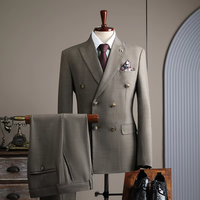 Heren Business Casual Dubbelgeknoopte V-hals Pak met Ritsbroek Amerikaanse Stijl Kamgarenstof 480g Geweven Anti-krimp