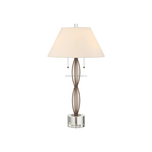 Bronze Metal Cage & Crystal Base Modern Minimalist Table Lamp with <b>Pull</b> Chains | Sleek Contemporary <b>Lighting</b> for Hotel Guest - Product Image 1