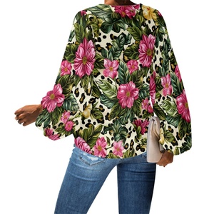 Custom Womens Ruffle 3/4 Sleeve Polyester Flowers Printed Chiffon Blouses Loose <strong>Flowy</strong> <strong>Tops</strong> Plus Size Women's Blouses and Shirts - Product Image 2
