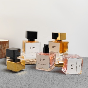 Sang Trọng Dày Thủy Tinh Cube Chai Nước Hoa 30Ml 50Ml Uốn Cổ Với Thanh Lịch Màu Đen Và Vàng Vuông Mũ Và Bơm Phun - Product Image 3