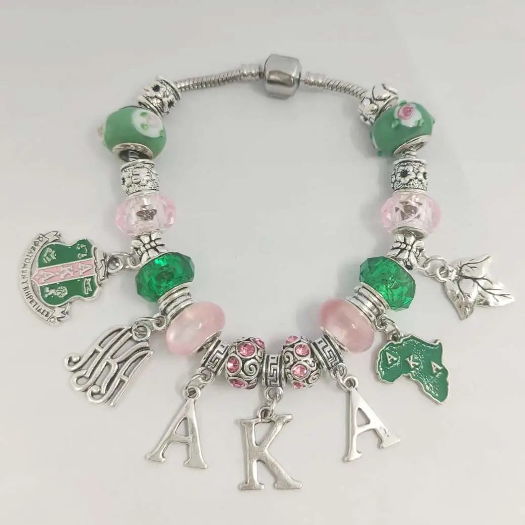 Custom Greek Snake Chain Pink Green Beads ivy Sorority Charm Bracelets Gift Women Wrap Band 1908 Bangle Pretty Girl Jewelry