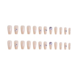Faux ongles à presser nude, forme cercueil, taille moyenne, avec strass brillants et ligne blanche, finition brillante, réutilisables, à coller, pour usage quotidien et soirées - Product Image 6