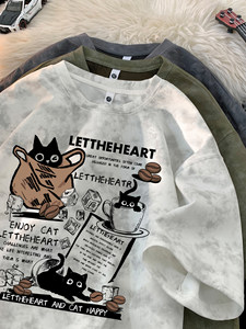 T-shirt Unisex Vintage Tie-Dye Lavata con Stampa a Lettere, Oversize, Vestibilità Ampia, Stile High Street, Antipiega, Casual, Top per Coppie - Product Image 1