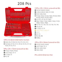 Jeu de tournevis Torx métriques en acier Cr-V robuste 208/214 pièces avec embouts de sécurité Phillips, plats, hexagonaux et carrés TL01688-50+11