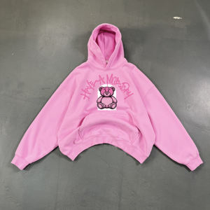 Sudadera con capucha para hombre de algodón polar personalizada, estilo Y2K, con estampado de oso graffiti 'HAVE NICE DAY' y texto 'Drip', corte crudo en el bajo, fabricante de ropa - Product Image 2