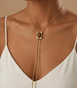 Collar estilo occidental de moda con cadena dorada, joyería vaquera para mujer y hombre, collar bolo con piedra natural de ojo de tigre ovalado - Product Image 1