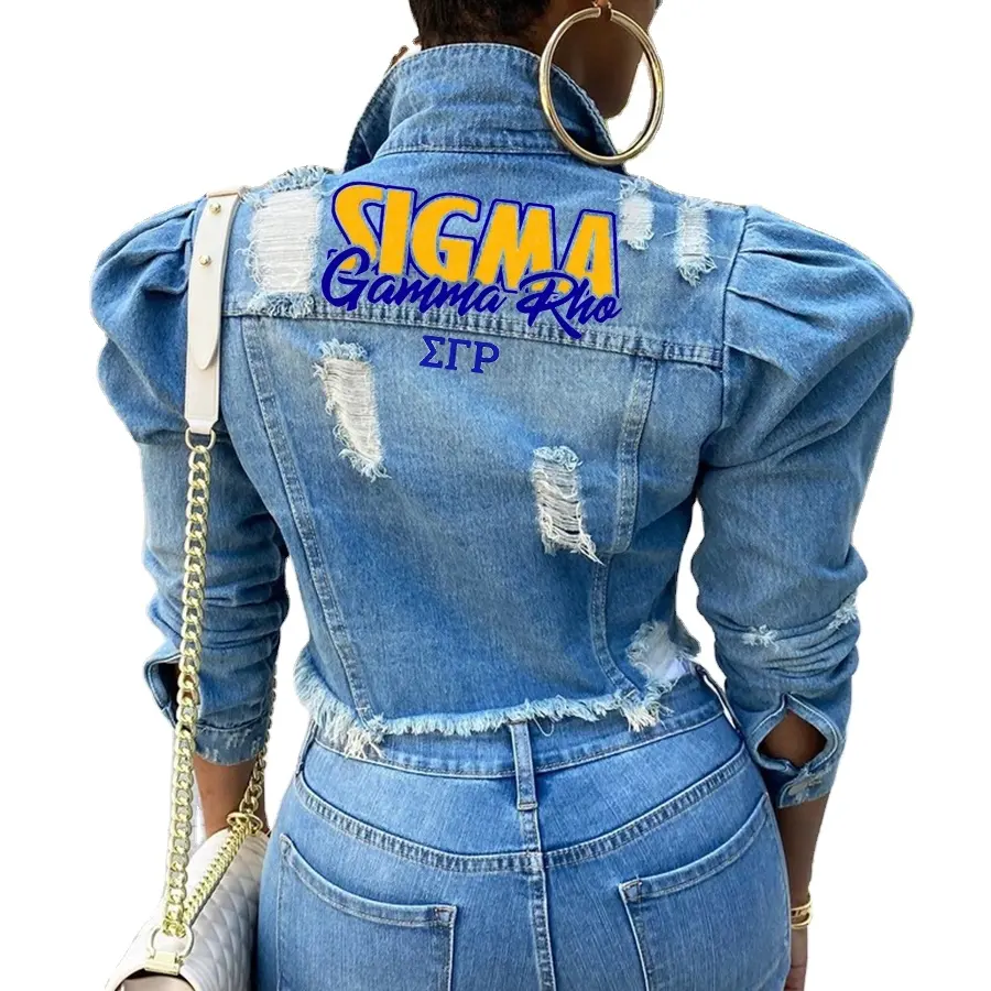 Drop Ship S- 5XL Large size Sigma Gamma Rho Printed short frayed puff sleeve Delta 1922 Hole Denim Jacket SGRHO Women Clothing