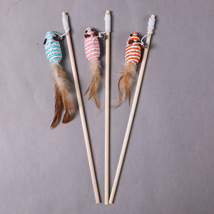 Pet <b>Cat</b> Eco-Friendly Manual <b>Interactive</b> Movement <b>Toy</b> Wood Lovely Mouse-Shaped Bell Feather Teaser Stick - Product Image 2