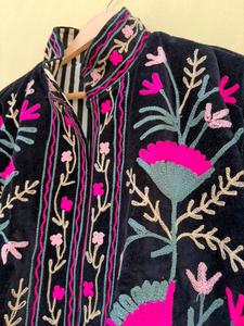 Blazer matelassé en velours de coton brodé à la main pour femme, col mandarin, manches longues, motif floral, vintage, épais, séchage rapide, hiver - Product Image 2