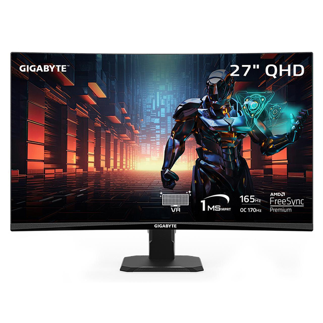 GIGABYTE  GS27QC-27" VA Curved Gaming Monitor - QHD 2560x1440 - 165Hz/OC 170Hz - 1ms MPRT - AMD FreeSync Premium - DP - Black