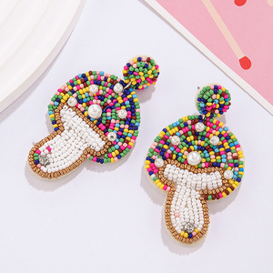 Boucles d'oreilles champignons tissés à la main-Perles de riz colorées et accents de perles | Bijoux tendance Boho Chic pour femmes - Product Image 2