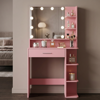 Table de maquillage en bois rose avec miroir LED 3 couleurs, plusieurs étagères et tabouret