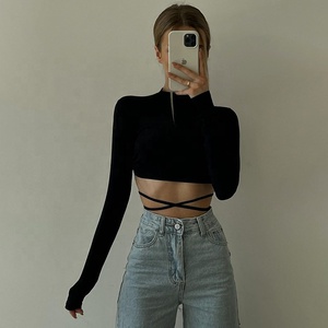 <span class=keywords><strong>Top</strong></span> court à manches longues pour femme, haut <span class=keywords><strong>dos</strong></span> <span class=keywords><strong>nu</strong></span> imprimé noir et <span class=keywords><strong>blanc</strong></span> - Product Image 4