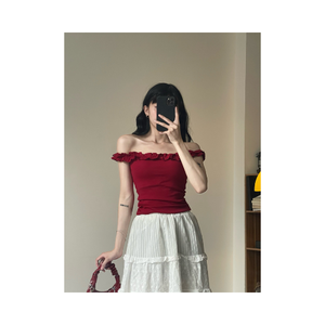 T-shirt d'été pour femme à faible MOQ, 100% Coton, Coupe ajustée, Taille haute compressée, Coupe droite, Marque privée, Bordure à volants féminine, Style Bardot - Product Image 3