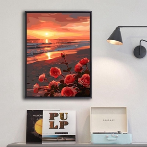 Commercio all'ingrosso tramonto <span class=keywords><strong>mare</strong></span> rosa pittura da numeri con cornice in legno pittura digitale della parete per la decorazione della casa - Product Image 1