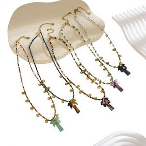 トレンドのココナッツツリーペンダントネックレス、天然石と幸運の目付き、316Lステンレススチール製、18Kゴールドメッキ、防水ジュエリー - Product Image 1