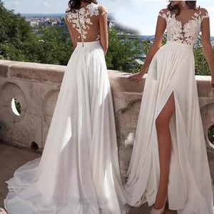 Wedding Dress A-Line Chiffon Backless Hollow Sweetheart Neckline Pure White Ivory Long Gown With Slit - Product Image 1