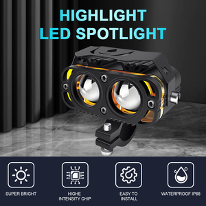 Projecteurs avant de moto à LED, phares stroboscopiques, feux de conduite blancs et jaunes, 2 lentilles, étanches IP67, 4000LM, lampe de travail, feu antibrouillard - Product Image 3