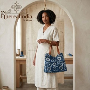 Blue Indigo Block Print Cotton Tote Bag Geometric Shoulder Bag Handmade Travel Market Tote - Product Image 5