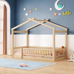 Letto singolo in legno con tetto e ringhiera di sicurezza - Product Image 1
