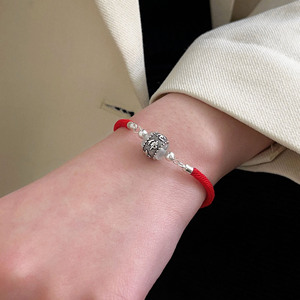 S925 Sterling Silver Fortune Character Red <b>Rope</b> <b>Bracelet</b> For Women Everyday Wear Antique Finish - Product Image 4