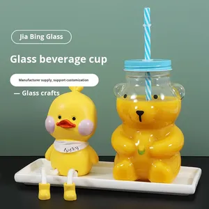 Urso Copo De Palha De Vidro Resistente Ao Calor <span class=keywords><strong>Cute</strong></span> Cartoon Design Coberto Caixa De Presente Embalagem Suco Café Leite Vidro De Borosilicato Alto - Product Image 3