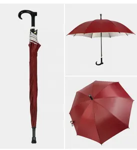 Großhandel Promotion Geschenk Cane Kunststoff Walk Stick Haken Griff Automatische gerade Regenschirme