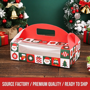 Boîte cadeau de Noël plate personnalisée avec poignée, boîte d'emballage de Noël verte et rouge, boîte pliable avec poignée pour biscuits, pâtisseries, cadeaux - Product Image 3