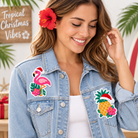 Patchs en chenille personnalisés sur le thème de Noël tropical : flamants roses, palmiers, ananas, patchs brodés à repasser pour la décoration des fêtes