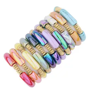 Hot Selling Gold Disc Beaded Bracelets AB Color Chunky Acrylic Colorful Curved Tube Bracelets