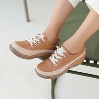 [JSHOE] Baskets compensées en cuir de vachette pour femme, légères, avec détails de couture, confortables pour la marche, design décontracté à lacets
