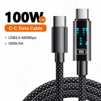 Cable de Carga Rápida PD de 100W Tipo C con Barra de Luz Animada, E-Marker, 5A, Cable de Datos Trenzado, Transferencia de 480Mbps para Auto, Escritorio y Teléfono