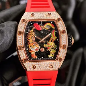 Benutzer definierte OEM New Design Iced Out Tiger Drachen Skelett Diamant Luxus Uhren Männer Tourbillon Automatische mechanische Uhr Orologio