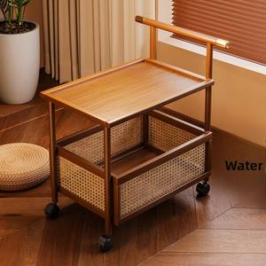 Étagère de rangement alimentaire à double niveau pour salon, chariot roulant en bambou sur pied avec roulettes, étagère en bois de bambou - Product Image 2