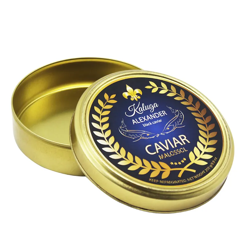 Latas de comida de caviar ALEXANDER, tarro redondo de lata de caviar MALOSSOL para una buena venta