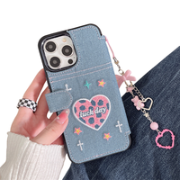 Étui de téléphone en jean style Ins avec broderie en forme de cœur et de papillon pour iPhone 16 Pro Max
