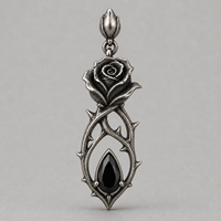 Pendentif personnalisé en laiton antique, motif rose éclose et épines, avec perle et zircon cubique noir, style gothique victorien, pour marques de bijoux OEM