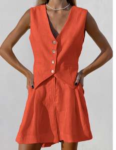 Pantalones cortos informales para <span class=keywords><strong>mujer</strong></span> <span class=keywords><strong>XS</strong></span> directos del fabricante, chaleco en V suelto sin mangas y blusa de lona de color sólido con logotipo personalizado - Product Image 3