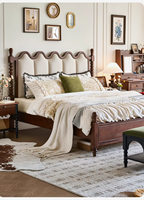 Lit Rétro Français en Bois de Cerisier Massif avec Tête de Lit en Cuir Souple, 1,81 m x 5 m, Lit Double Style Antique, Meuble de Chambre
